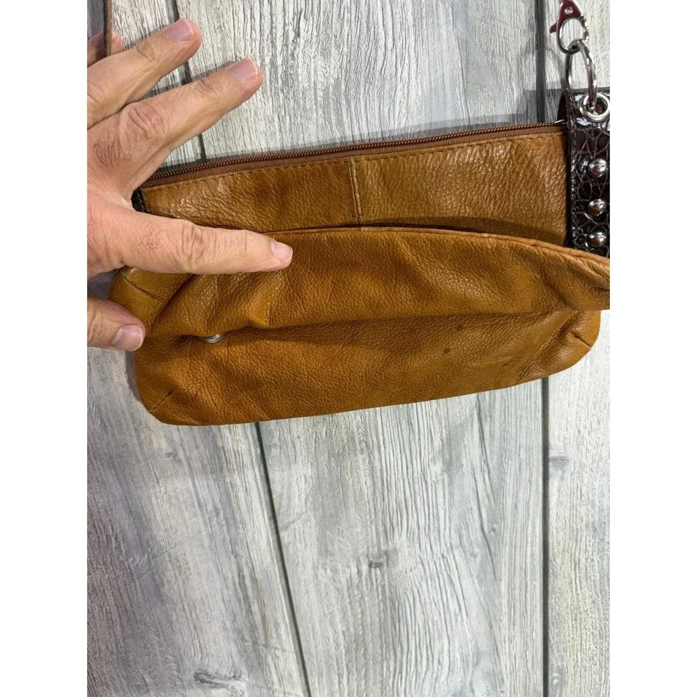 Lavorazione Artigianale Italy Tan Leather Foldover Crossbody Bag Croc Trim PAM
